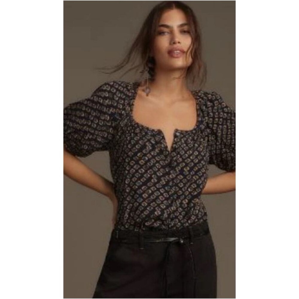 Anthropologie Pilcro Navy Printed Puff Sleeve‎ Gauze Cotton Top - XSmall